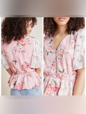 Hemant & Nandita for Anthropologie— Floral Pink Peplum top— Size Large